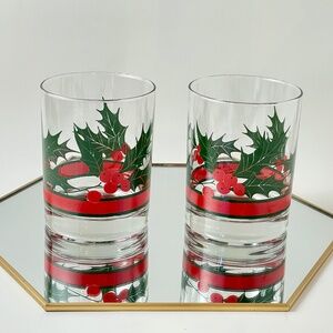 Get Festive! Vintage Libbey Holly & Berries Double Old Fashioned Glasses Set (2)